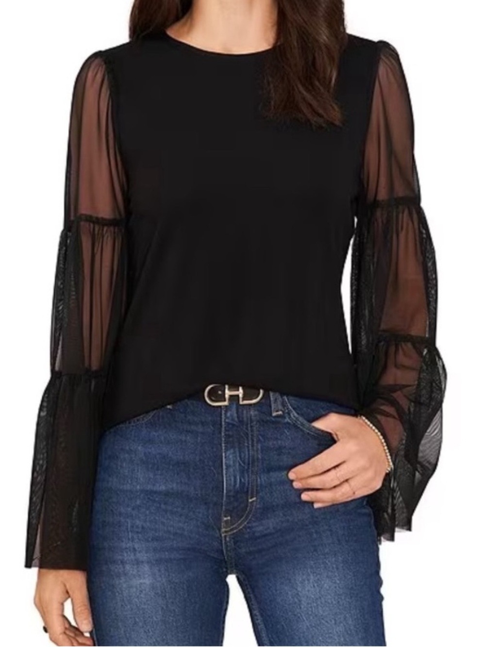 CeCe Black Sheer Tiered Sleeve Blouse